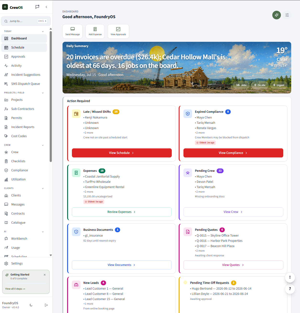 The CrewOS operator dashboard — daily summary and action-required cards for shifts, compliance, expenses and quotes